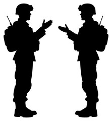 Two Military Soldiers in Tactical Discussion Silhouette Isolated on Transparent Background