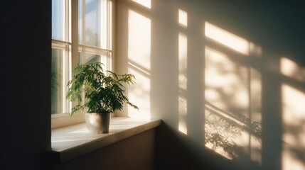 Fototapeta premium Window sill with a potted plant on it. the window is open and the sunlight is shining through it, creating a shadow on the right side of the image.