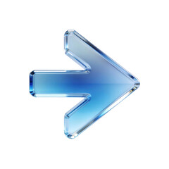 Glossy glass right arrow icon in blue gradient, isolated on transparent background. Directional navigation symbol for UI design, apps, websites, dashboards, buttons, and modern digital interfaces.