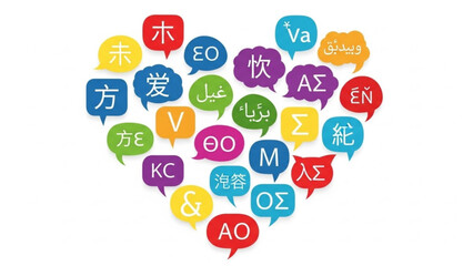 Naklejka premium Multicolored speech bubbles in various languages on white background forming heart shape symbolizing global