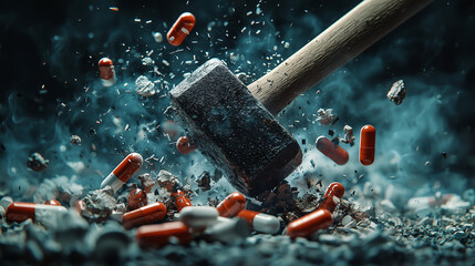 Breaking addiction cycle concept with hammer destroying drug paraphernalia