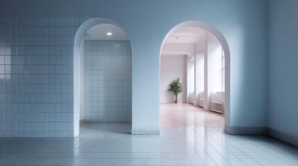 Empty room with two arched windows on the right side. the walls are painted in a light blue color and the floor is made of white tiles.