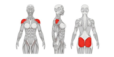 Fitness female muscle anatomy. Slim muscular woman silhouette front, side and back view. Infografic outline scheme poster. Vector illustration.
