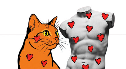 Cat and body of statue with red hearts collage, pop art concept design. Minimal love background.
