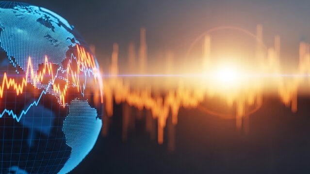 Digital globe with financial charts and bright light. Global economy data analysis and market trend concept for business presentation. - Powered by Adobe