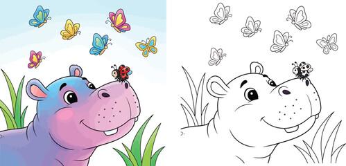 Cute cartoon hippo with ladybug on nose and colorful butterflies, happy animal vector illustration for nursery decor or children book. © MstSangita