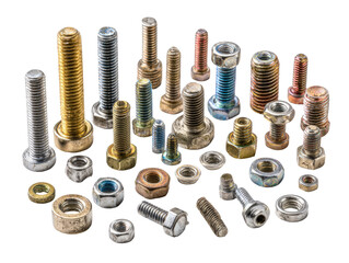 Assorted metal fasteners, bolts, and nuts in various colors and sizes