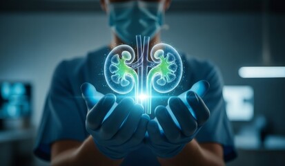 Doctor holding glowing human kidneys in hands. Medical professional shows digital organ for health care, donation and medicine concept.
