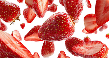 Red strawberry slices in mid-air