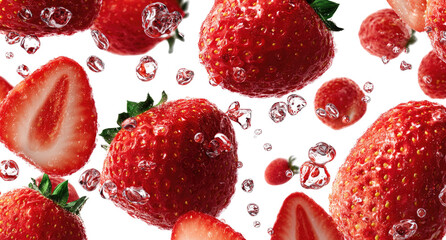 Fresh strawberries in motion, water droplets and bubbles