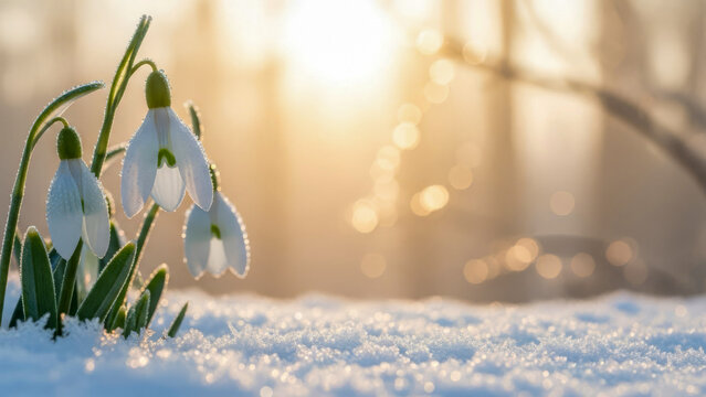 Snowdrops blooming through snow symbol of early spring renewal