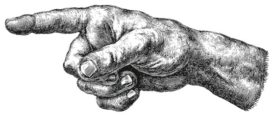 Detailed grayscale illustration of a hand pointing