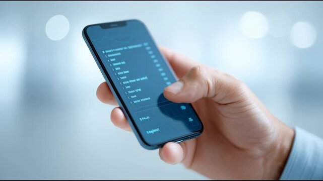 A person is holding a cell phone with a blue screen that has a graph on it. The graph appears to be showing some sort of data or information. Scene is somewhat serious