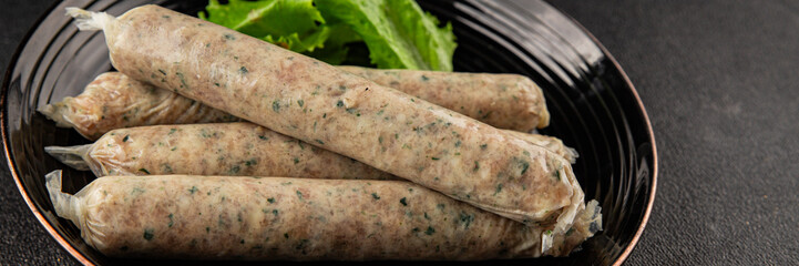 Raw sausage for frying kupaty, Munich or Bavarian sausages in natural casings main course natural food product appetizer tasty snack fresh delicious gourmet food background on the table rustic food 