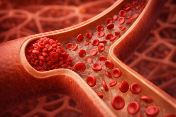 A medical illustration of red blood cells flowing through a blood vessel