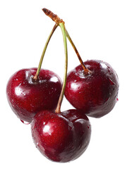 Three plump, glossy cherries clustered on a stem