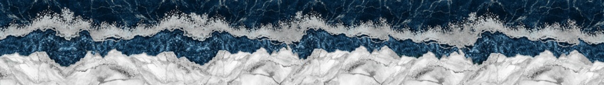 Panoramic luxury background with deep blue and white marble textures separated by a silver glitter vein
