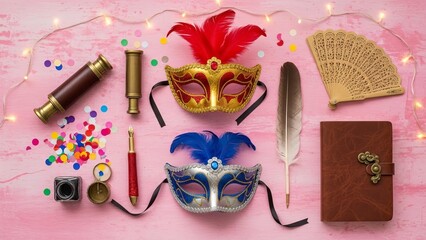 Colorful carnival masks and props on pink background