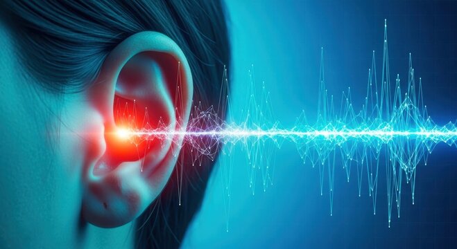Close up of human ear receiving sound waves visualized as audio equalizer. Themes of hearing and listening. Sound perception audio hearing loss tinnitus and hearing aids.