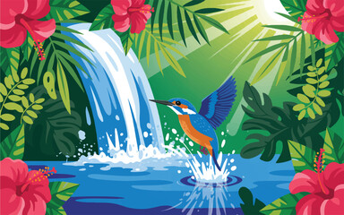 Kingfisher bird flying over tropical waterfall with green leaves and red flowers