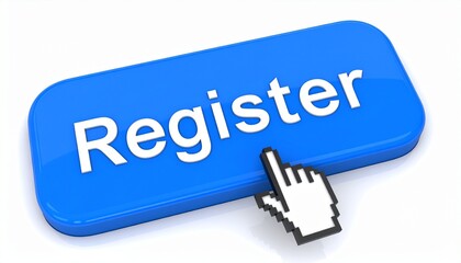 Blue &ldquo;Register&rdquo; Button with White Cursor Click Symbolizing Online Signup, Enrollment, or Account Creation Action