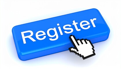 Blue &ldquo;Register&rdquo; Button with White Cursor Click Symbolizing Online Signup, Enrollment, or Account Creation Action