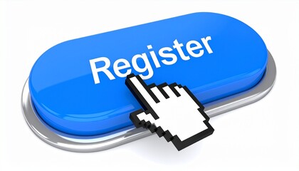 Blue &ldquo;Register&rdquo; Button with White Cursor Click Symbolizing Online Signup, Enrollment, or Account Creation Action