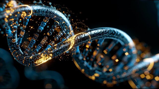 A DNA strand is shown in a black and gold color scheme. The strand is twisted and has a lot of detail, including the base pairs. Concept of complexity and intricacy