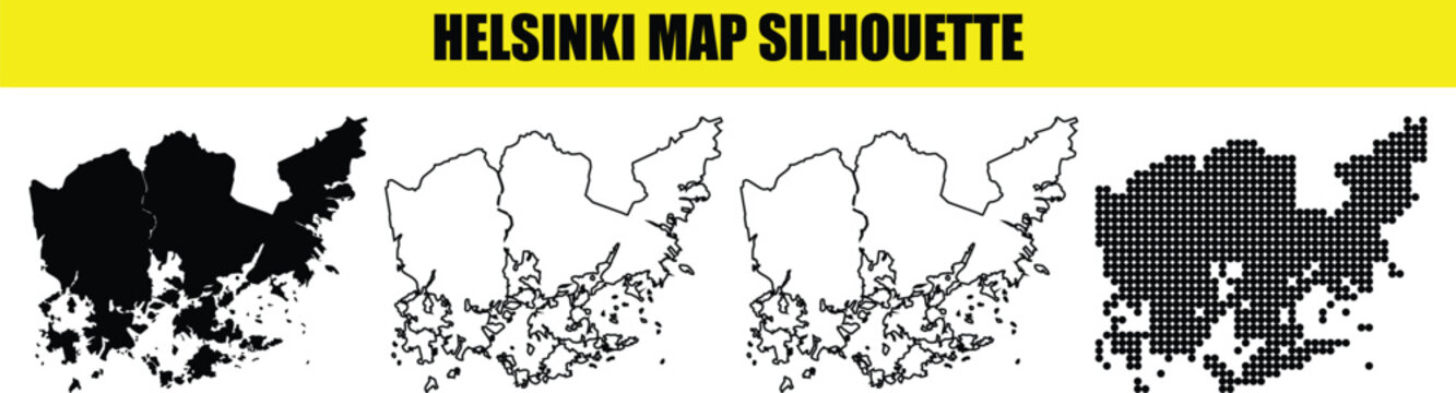 Helsinki map silhouette set including solid black white outline and halftone dot patterns for finnish capital graphics