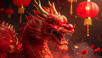 Red Chinese Dragon with Golden Accents Surrounded by Lanterns and Confetti in Festive Celebration Setting