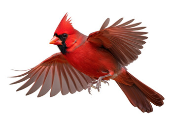 Fototapeta premium highly detailed male northern cardinal with vibrant crimson plumage, black mask, and orange beak, captured in dynamic mid-flight against creamy bokeh studio lighting. concept of avian beauty and