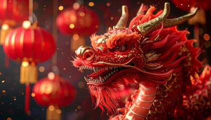 Red Chinese Dragon with Golden Accents Surrounded by Lanterns and Confetti in Festive Celebration Setting