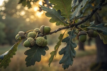 Oak tree branch with green leaves and ripe acorns, a symbol of autumn nature growth and food