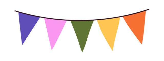 Party bunting flag banner, festive decorative garland with hanging triangle pennants, celebration and holiday ornament for event and party decoration isolated on background flat vector illustration.