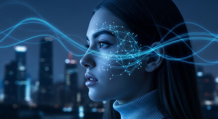 Woman profile with glowing network on face, showing connection to city background. Represents future technology, artificial intelligence