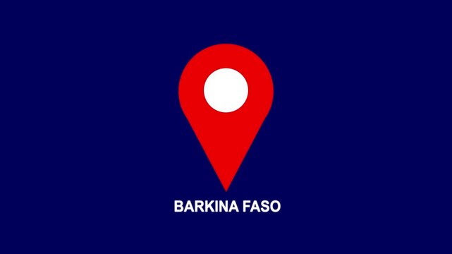 Barkina Faso country location pin animation 4K video. GPS tracking map pointer icon with alpha channel and Black background, location has been displayed.