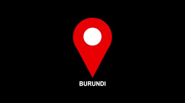 Burundi country location pin animation 4K video. GPS tracking map pointer icon with alpha channel and Black background, location has been displayed.
