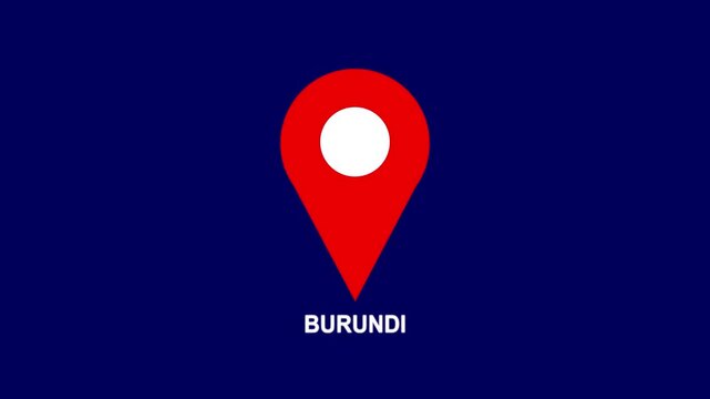 Burundi country location pin animation 4K video. GPS tracking map pointer icon with alpha channel and Black background, location has been displayed.