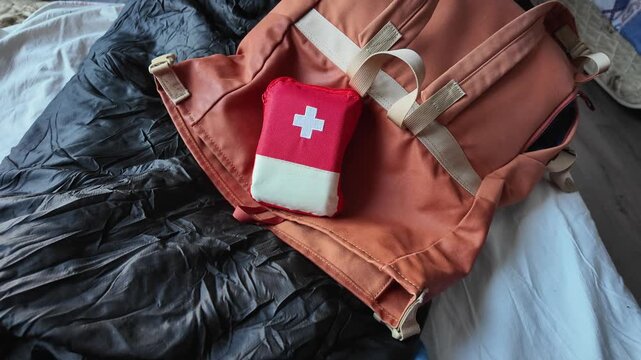 Organized First Aid For Hiking, Handheld Medical Pouch Securely Placed For Outdoor Excursions, Prepared Emergency Medical Kit Arranged Inside Backpack For Hiking Safety And Convenience
