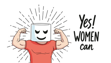 Empowering illustration of a strong muscular character with a marshmallow head and the slogan 'Yes! Women can' for feminism.