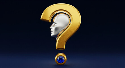 Image of golden question mark with silver face inside, representing inquiry, uncertainty, or problem-solving, set against dark blue backdrop