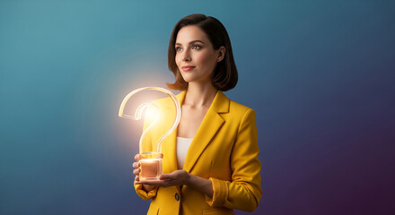 Brunette woman holding a glowing question mark, on a blue background. It symbolizes curiosity, inquiry, and seeking resolution, ideal for solution concept