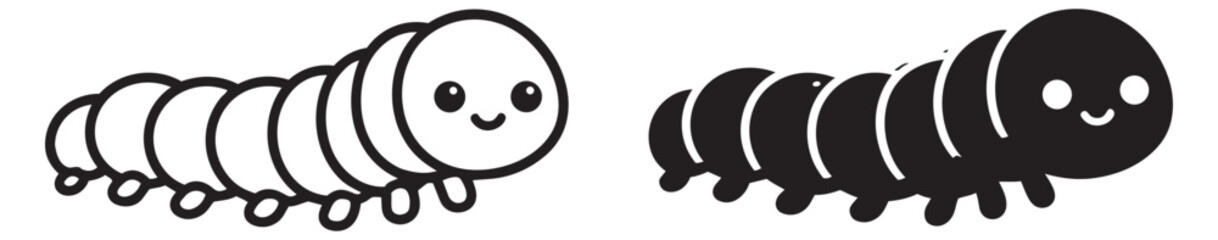 Minimalist black and white caterpillar illustration set featuring two versions, line art and solid, for simple animal designs