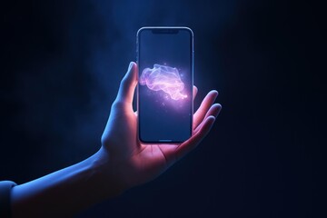 Hand holding a modern smartphone showing an artificial intelligence brain graphic in neon light