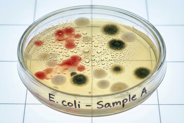 Petri Dish with E. coli Sample Showing Diverse Microbial Colonies on Growth Medium with Condensation