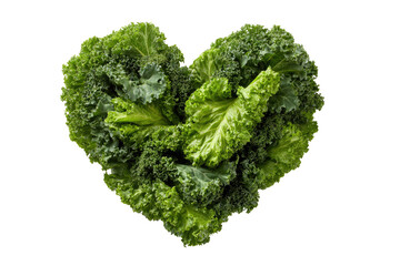 Heart-shaped kale.  Fresh, vibrant green kale leaves arranged in a heart shape on a black background.  Healthy, nutritious food