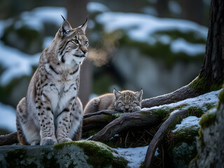 Fototapeta premium Eurasian Lynx with Cub Resting on Snowy Forest Rocks