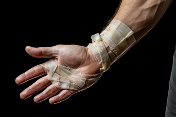 Adult male hand and wrist bandaged due to a painful injury against a black background