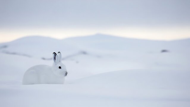 White Arctic Hare Portrait in Minimalist Snow Landscape: Perfect Winter Camouflage of a Wild Rabbit in the Cold Northern Tundra Environment