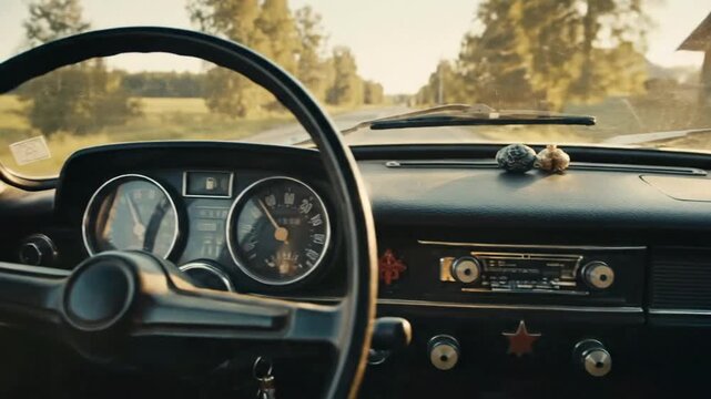 Vintage car dashboard with scenic road view
